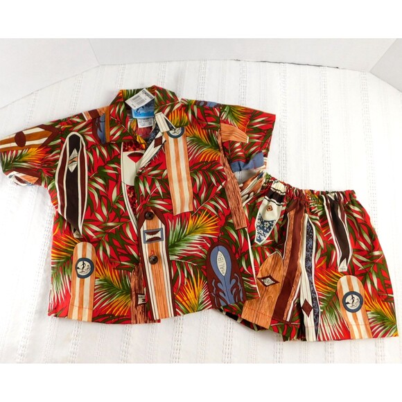RJC Infant Boy Hawaiian Shirt Shorts Set 12M Cotton Surfboard Tropical Pattern - Picture 1 of 16